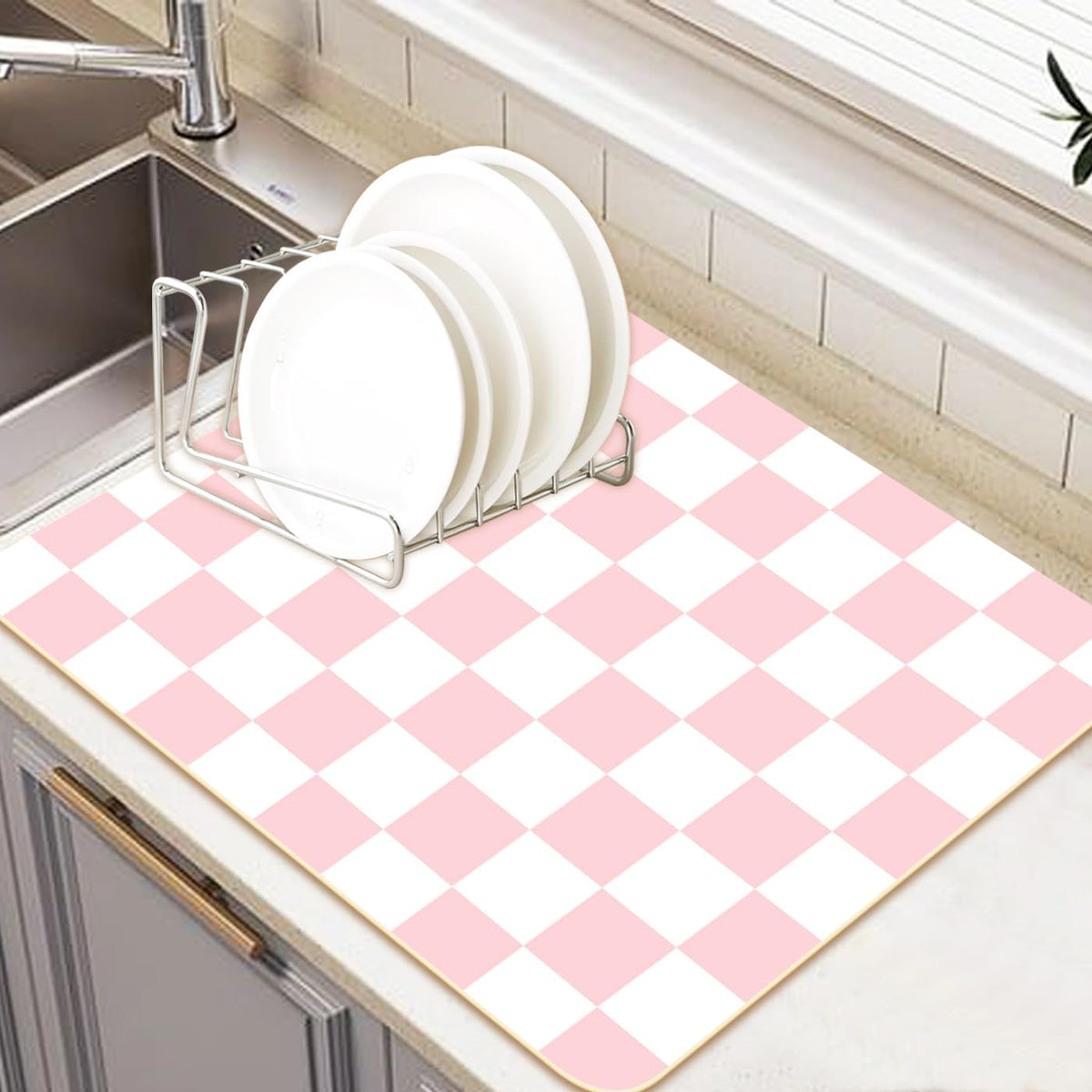 Premium Dish Drying Mat - Coffee Bar Matt & Drainer Rack for Kitchen Counter Decor, Housewarming Hostess Gift for Coffee Lovers, Super Absorbent Mat, 18" x 24" (Pink Checkers, 18'' * 24'')