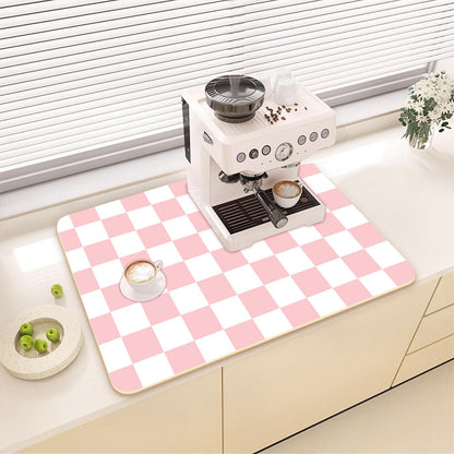 Premium Dish Drying Mat - Coffee Bar Matt & Drainer Rack for Kitchen Counter Decor, Housewarming Hostess Gift for Coffee Lovers, Super Absorbent Mat, 18" x 24" (Pink Checkers, 18'' * 24'')