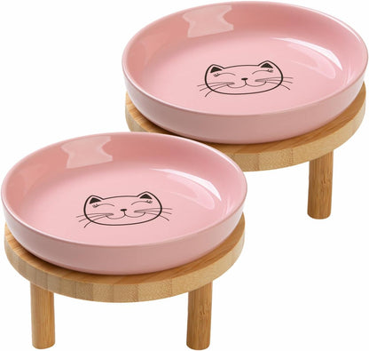 Lusifaco Shallow Wide Elevated Cat Bowls Whisker Fatigue(Pink,Set of 2)