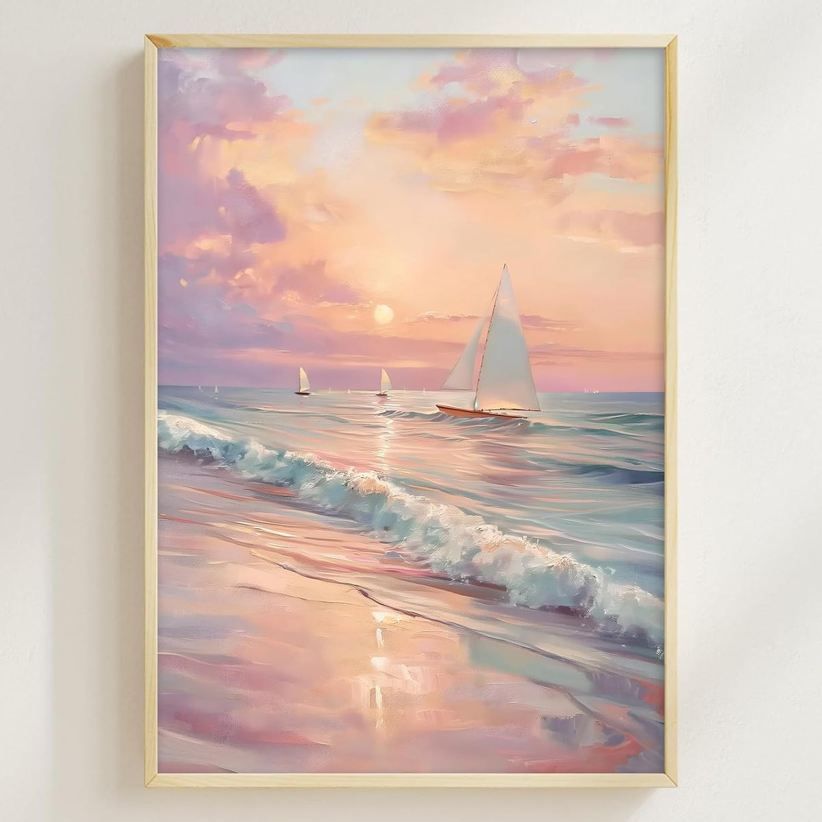 Pink Beach Pictures Sailboat Sunset Painting Pink Coastal Canvas Wall Art Ocean Waves Poster Beach Landscape Painting Pastel Sunset Artwork Trendy Coastal Print Abstract Boat Wall Art 16x24in No Frame