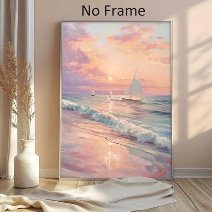 Pink Beach Pictures Sailboat Sunset Painting Pink Coastal Canvas Wall Art Ocean Waves Poster Beach Landscape Painting Pastel Sunset Artwork Trendy Coastal Print Abstract Boat Wall Art 16x24in No Frame