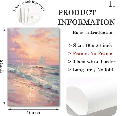 Pink Beach Pictures Sailboat Sunset Painting Pink Coastal Canvas Wall Art Ocean Waves Poster Beach Landscape Painting Pastel Sunset Artwork Trendy Coastal Print Abstract Boat Wall Art 16x24in No Frame
