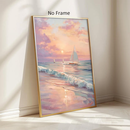 Pink Beach Pictures Sailboat Sunset Painting Pink Coastal Canvas Wall Art Ocean Waves Poster Beach Landscape Painting Pastel Sunset Artwork Trendy Coastal Print Abstract Boat Wall Art 16x24in No Frame