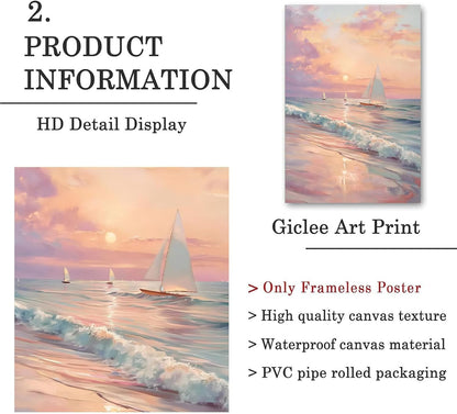 Pink Beach Pictures Sailboat Sunset Painting Pink Coastal Canvas Wall Art Ocean Waves Poster Beach Landscape Painting Pastel Sunset Artwork Trendy Coastal Print Abstract Boat Wall Art 16x24in No Frame