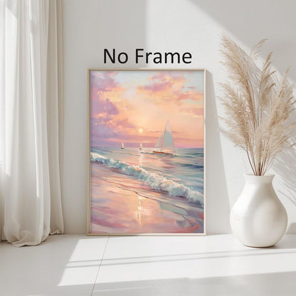 Pink Beach Pictures Sailboat Sunset Painting Pink Coastal Canvas Wall Art Ocean Waves Poster Beach Landscape Painting Pastel Sunset Artwork Trendy Coastal Print Abstract Boat Wall Art 16x24in No Frame