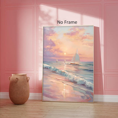 Pink Beach Pictures Sailboat Sunset Painting Pink Coastal Canvas Wall Art Ocean Waves Poster Beach Landscape Painting Pastel Sunset Artwork Trendy Coastal Print Abstract Boat Wall Art 16x24in No Frame