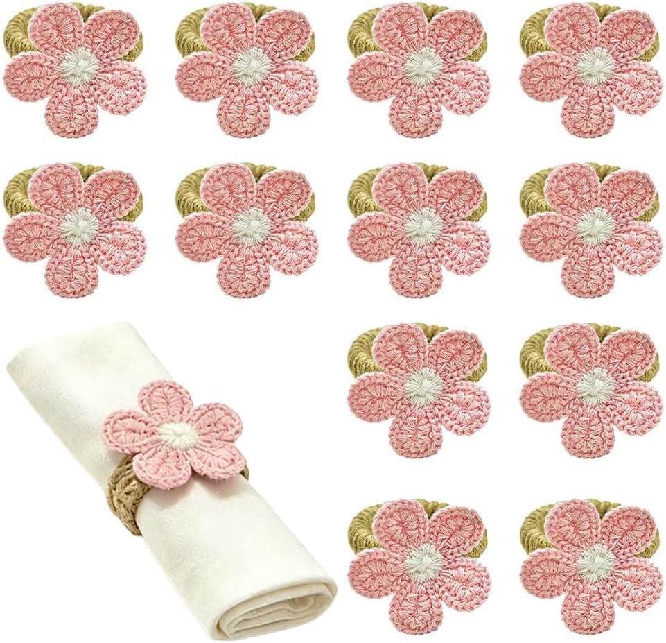 12Pcs Flower Napkin Rings, Handmade Faux Pink Daisy Napkin Ring