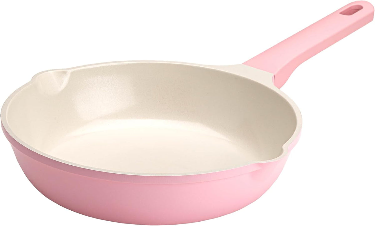 Paris Hilton Ceramic Cast Aluminum Nonstick Fry Pan, Fast & Even Heating with Easy Pour Spouts & Comfort-Grip Handle, 9.5-Inch, Pink