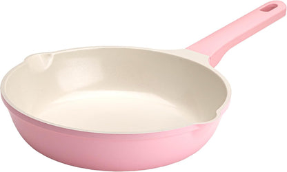 Paris Hilton Ceramic Cast Aluminum Nonstick Fry Pan, Fast & Even Heating with Easy Pour Spouts & Comfort-Grip Handle, 9.5-Inch, Pink
