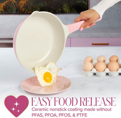 Paris Hilton Ceramic Cast Aluminum Nonstick Fry Pan, Fast & Even Heating with Easy Pour Spouts & Comfort-Grip Handle, 9.5-Inch, Pink