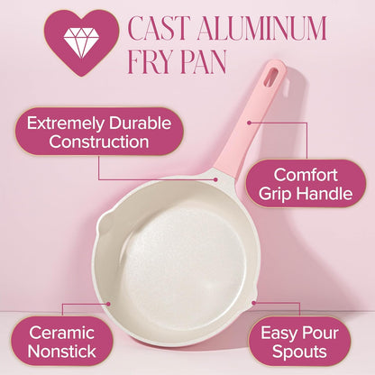 Paris Hilton Ceramic Cast Aluminum Nonstick Fry Pan, Fast & Even Heating with Easy Pour Spouts & Comfort-Grip Handle, 9.5-Inch, Pink
