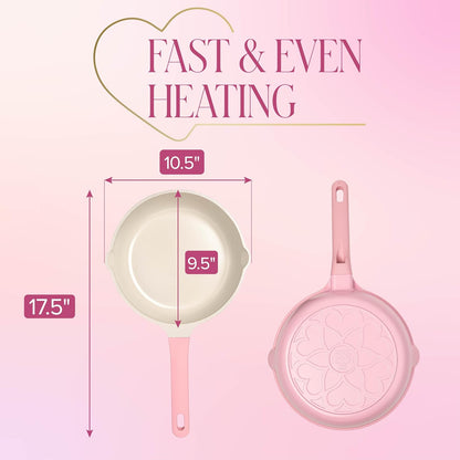 Paris Hilton Ceramic Cast Aluminum Nonstick Fry Pan, Fast & Even Heating with Easy Pour Spouts & Comfort-Grip Handle, 9.5-Inch, Pink