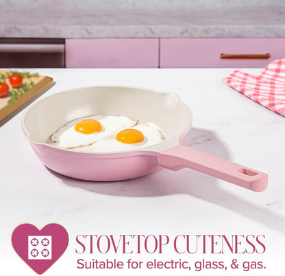 Paris Hilton Ceramic Cast Aluminum Nonstick Fry Pan, Fast & Even Heating with Easy Pour Spouts & Comfort-Grip Handle, 9.5-Inch, Pink