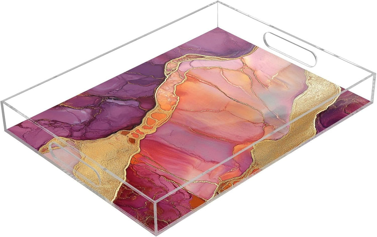 Acrylic Rectangular Tray Marble Peach Burgundy Clear Acrylic Tray with Handles 12" x 16" Serving Trays Clear Spill-Proof