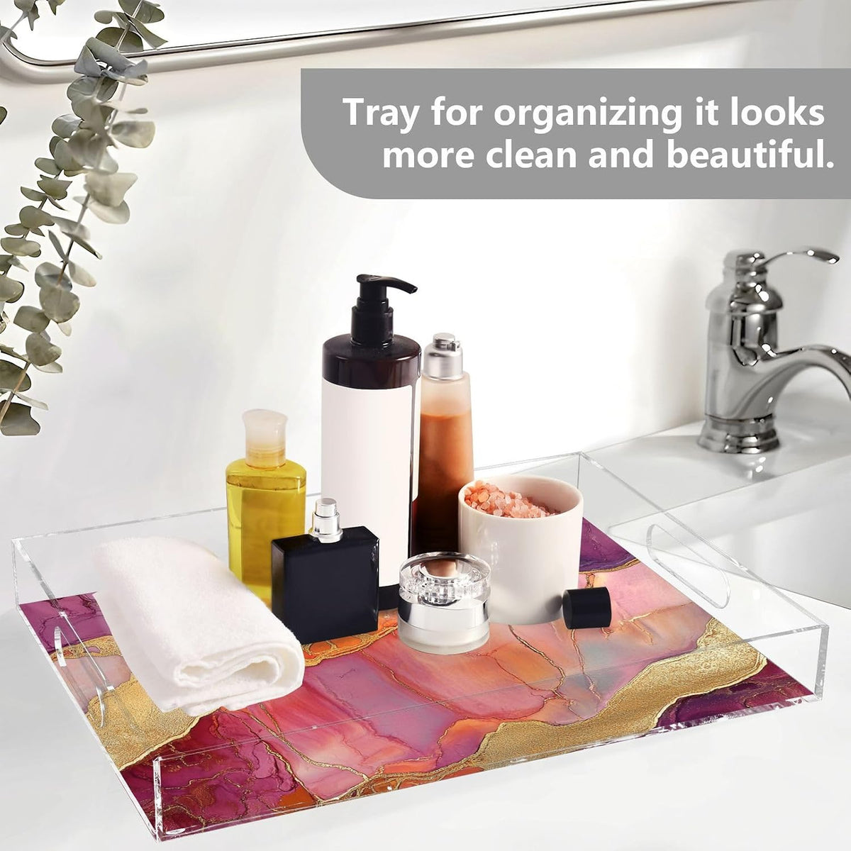Acrylic Rectangular Tray Marble Peach Burgundy Clear Acrylic Tray with Handles 12" x 16" Serving Trays Clear Spill-Proof