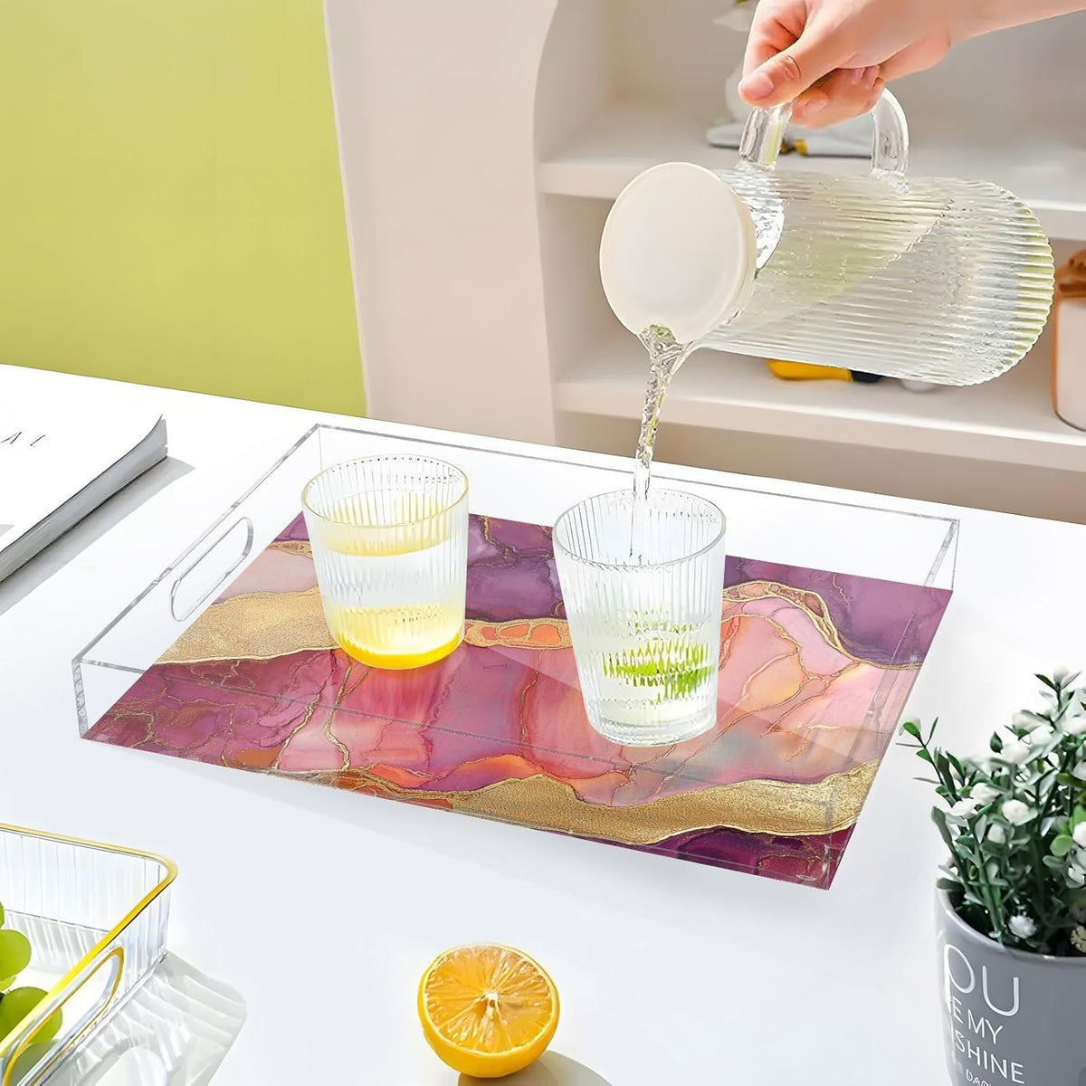 Acrylic Rectangular Tray Marble Peach Burgundy Clear Acrylic Tray with Handles 12" x 16" Serving Trays Clear Spill-Proof