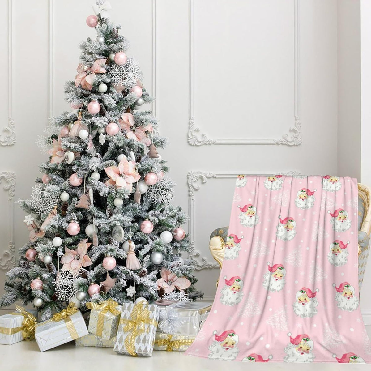 Christmas Santa Claus Throw Blankets, Xmas Tree Soft Anti Pilling Flannel Blanket, Winter Snowflake Decorative Lightweight Pink Blanket, 30x40 Inches Sofa Fleece Blanket