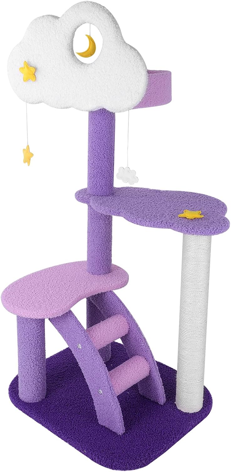 43 Inch Cat Tree Tower for Indoor Cats, Cute Purple Pink Cloud Cat Tower