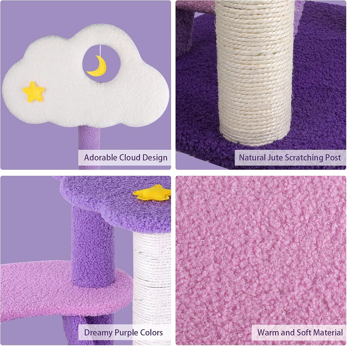 43 Inch Cat Tree Tower for Indoor Cats, Cute Purple Pink Cloud Cat Tower