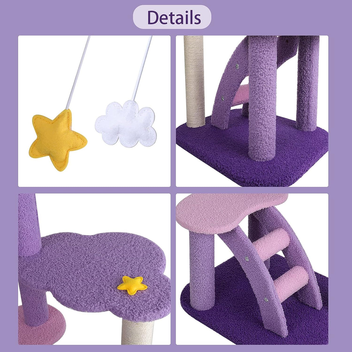 43 Inch Cat Tree Tower for Indoor Cats, Cute Purple Pink Cloud Cat Tower