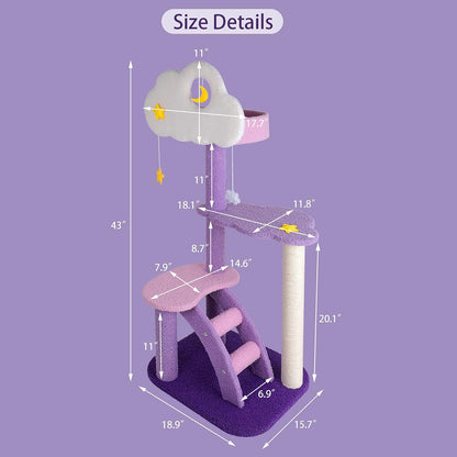 43 Inch Cat Tree Tower for Indoor Cats, Cute Purple Pink Cloud Cat Tower