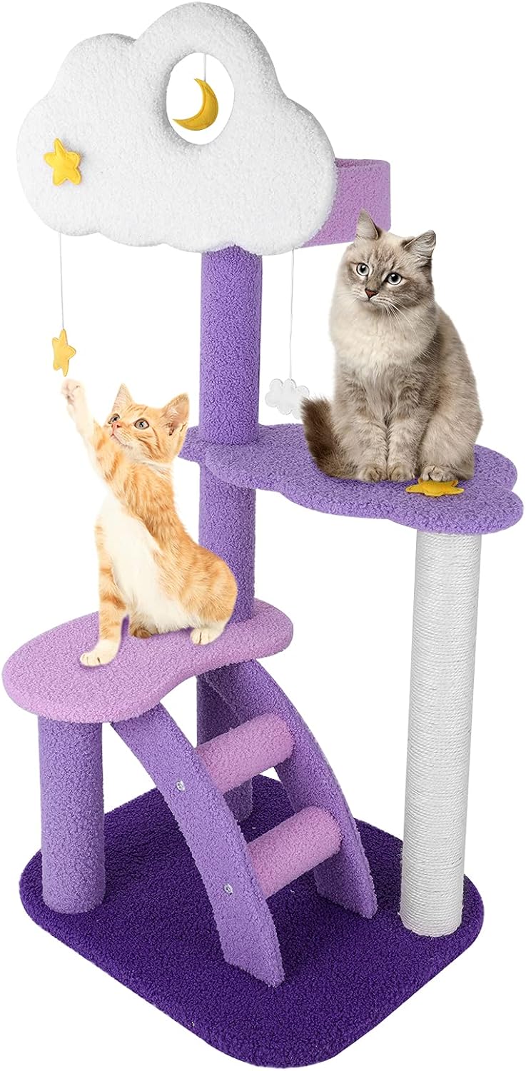 43 Inch Cat Tree Tower for Indoor Cats, Cute Purple Pink Cloud Cat Tower