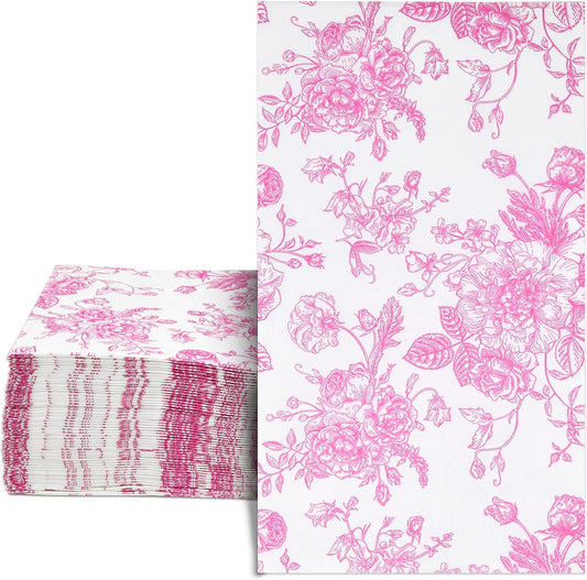 100 Pcs Pink & White Floral Guest Napkins Toile Blossom Flowers Disposable Paper Hand Towel Napkin for Summer Spring Birthday Party Supplies