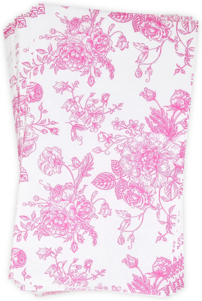 100 Pcs Pink & White Floral Guest Napkins Toile Blossom Flowers Disposable Paper Hand Towel Napkin for Summer Spring Birthday Party Supplies