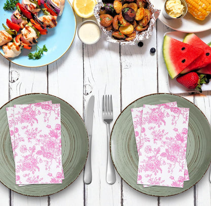 100 Pcs Pink & White Floral Guest Napkins Toile Blossom Flowers Disposable Paper Hand Towel Napkin for Summer Spring Birthday Party Supplies