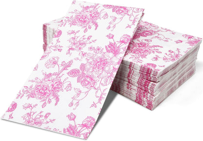 100 Pcs Pink & White Floral Guest Napkins Toile Blossom Flowers Disposable Paper Hand Towel Napkin for Summer Spring Birthday Party Supplies