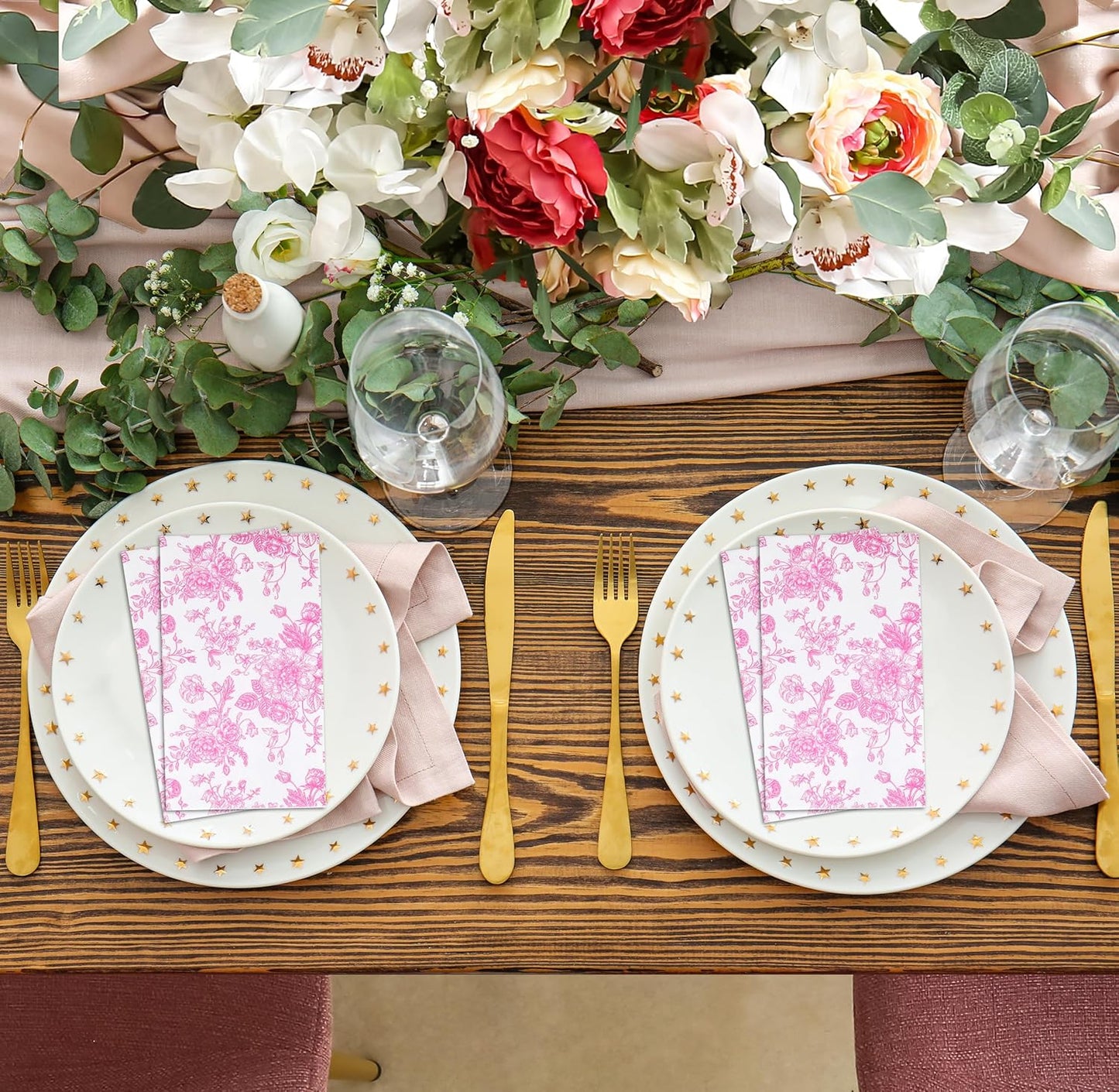 100 Pcs Pink & White Floral Guest Napkins Toile Blossom Flowers Disposable Paper Hand Towel Napkin for Summer Spring Birthday Party Supplies