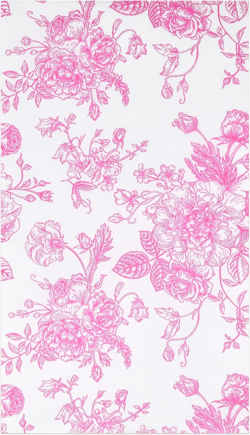100 Pcs Pink & White Floral Guest Napkins Toile Blossom Flowers Disposable Paper Hand Towel Napkin for Summer Spring Birthday Party Supplies