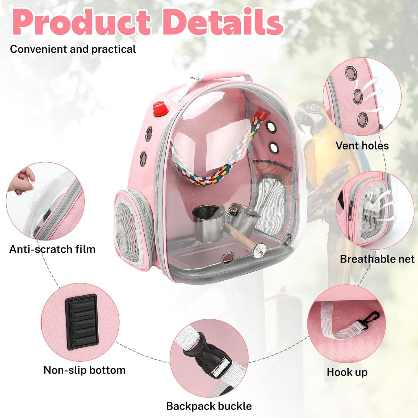 Bird Carrier Backpack Parrot Portable Breathable Bag Pet Bird Lightweight Travel Cage with Standing Perch and Stainless Steel Tray（Pink）