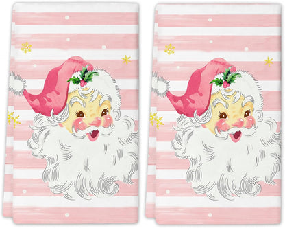 Xmas Santa Claus Kitchen Dish Towels, 2 PC Winter Christmas Decoration Hand Towels, Snowflake Pink Stripes Tea Towels, 26x18 Inch Hand Towels for Cooking Baking