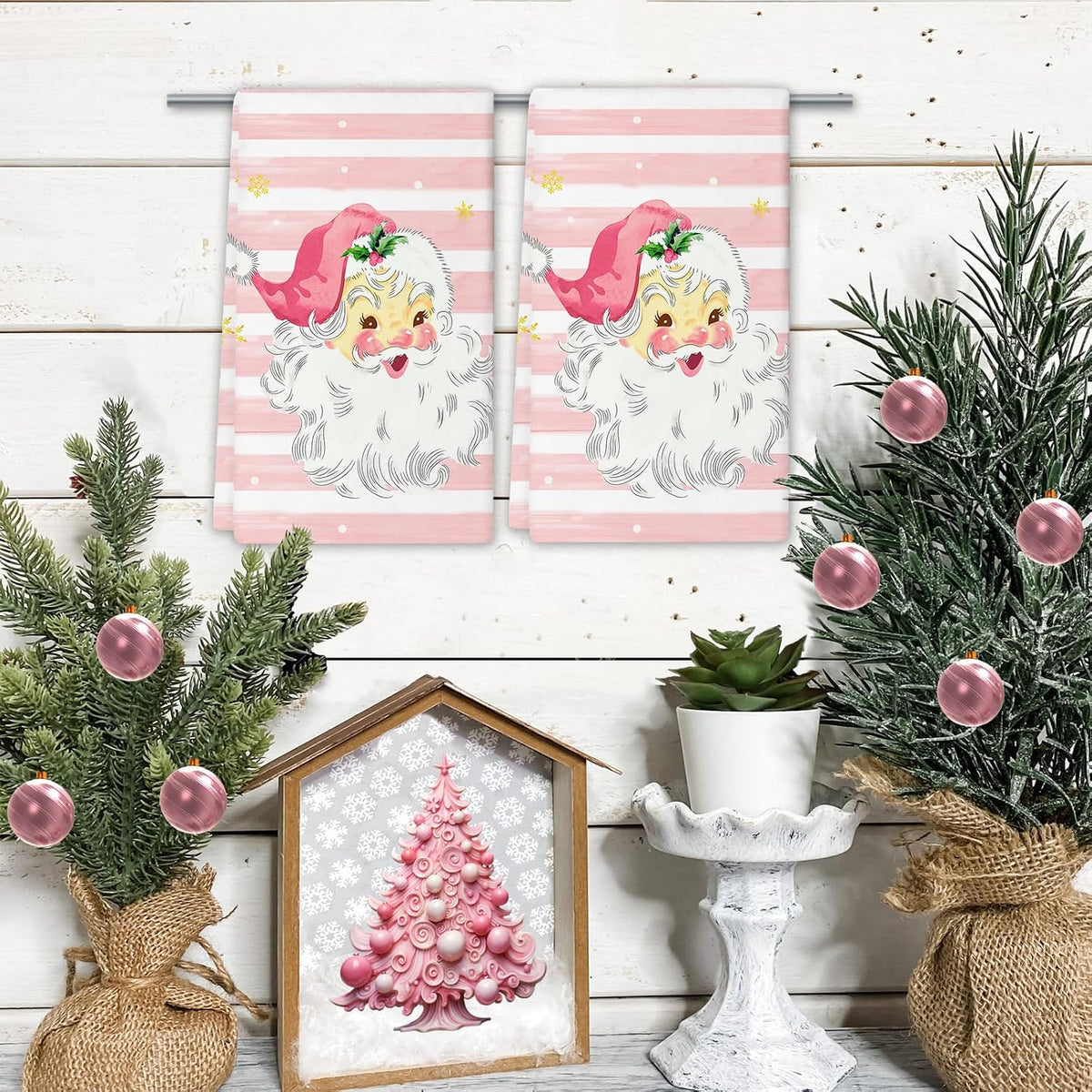 Xmas Santa Claus Kitchen Dish Towels, 2 PC Winter Christmas Decoration Hand Towels, Snowflake Pink Stripes Tea Towels, 26x18 Inch Hand Towels for Cooking Baking