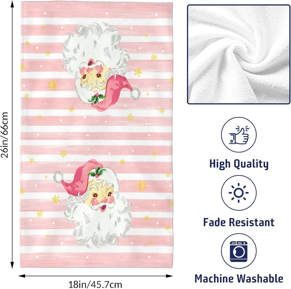 Xmas Santa Claus Kitchen Dish Towels, 2 PC Winter Christmas Decoration Hand Towels, Snowflake Pink Stripes Tea Towels, 26x18 Inch Hand Towels for Cooking Baking