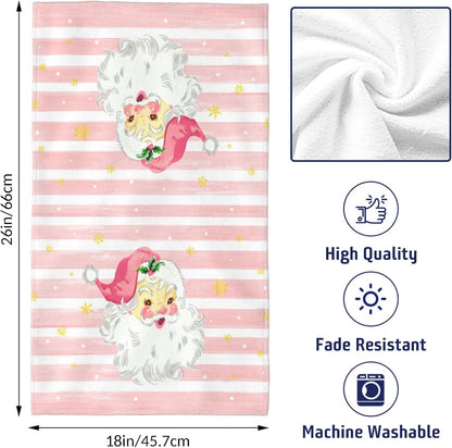 Xmas Santa Claus Kitchen Dish Towels, 2 PC Winter Christmas Decoration Hand Towels, Snowflake Pink Stripes Tea Towels, 26x18 Inch Hand Towels for Cooking Baking