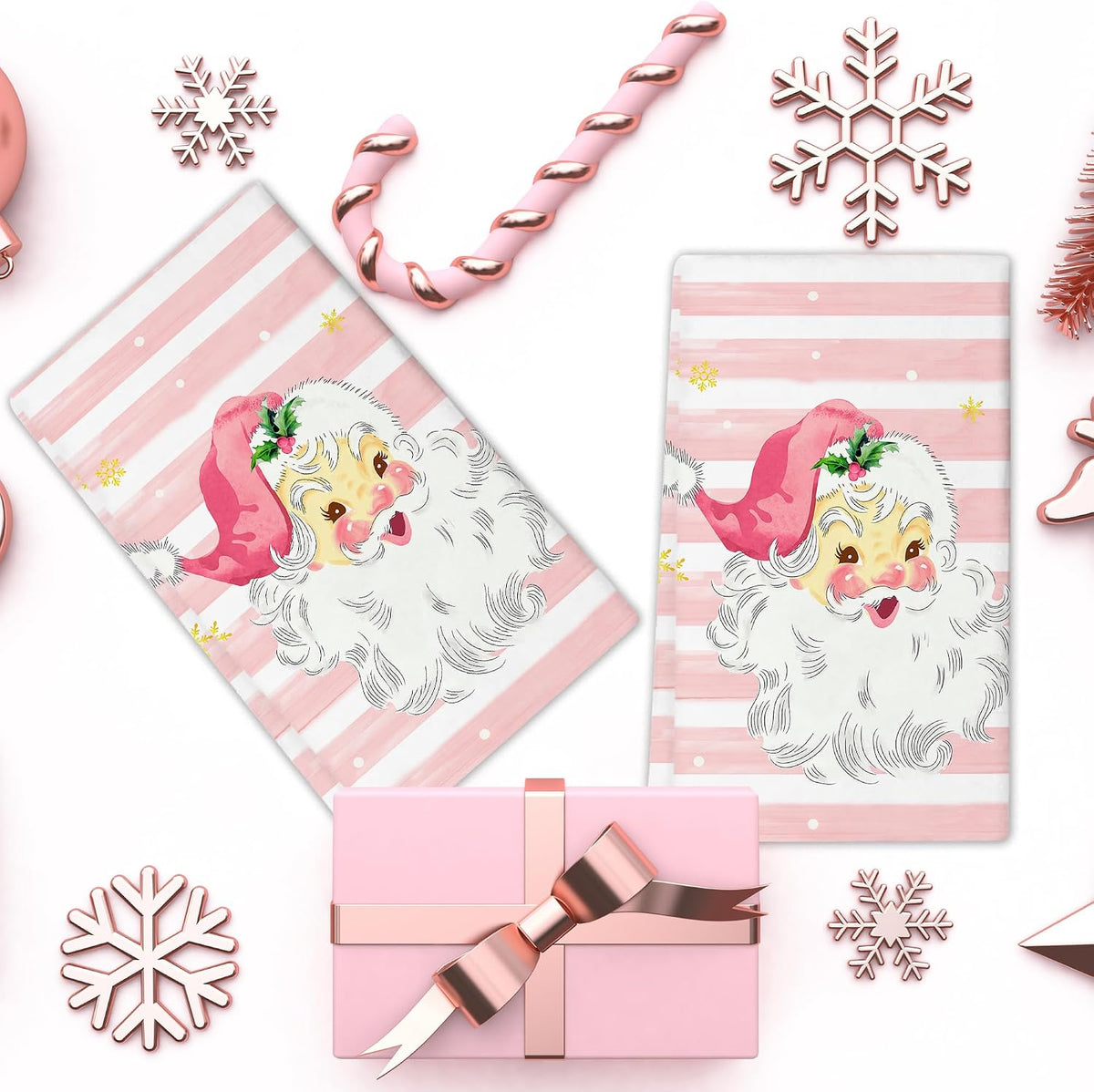 Xmas Santa Claus Kitchen Dish Towels, 2 PC Winter Christmas Decoration Hand Towels, Snowflake Pink Stripes Tea Towels, 26x18 Inch Hand Towels for Cooking Baking