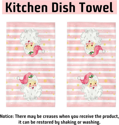 Xmas Santa Claus Kitchen Dish Towels, 2 PC Winter Christmas Decoration Hand Towels, Snowflake Pink Stripes Tea Towels, 26x18 Inch Hand Towels for Cooking Baking