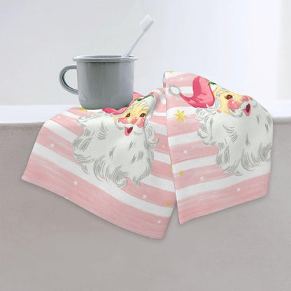 Xmas Santa Claus Kitchen Dish Towels, 2 PC Winter Christmas Decoration Hand Towels, Snowflake Pink Stripes Tea Towels, 26x18 Inch Hand Towels for Cooking Baking