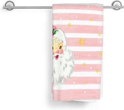 Xmas Santa Claus Kitchen Dish Towels, 2 PC Winter Christmas Decoration Hand Towels, Snowflake Pink Stripes Tea Towels, 26x18 Inch Hand Towels for Cooking Baking