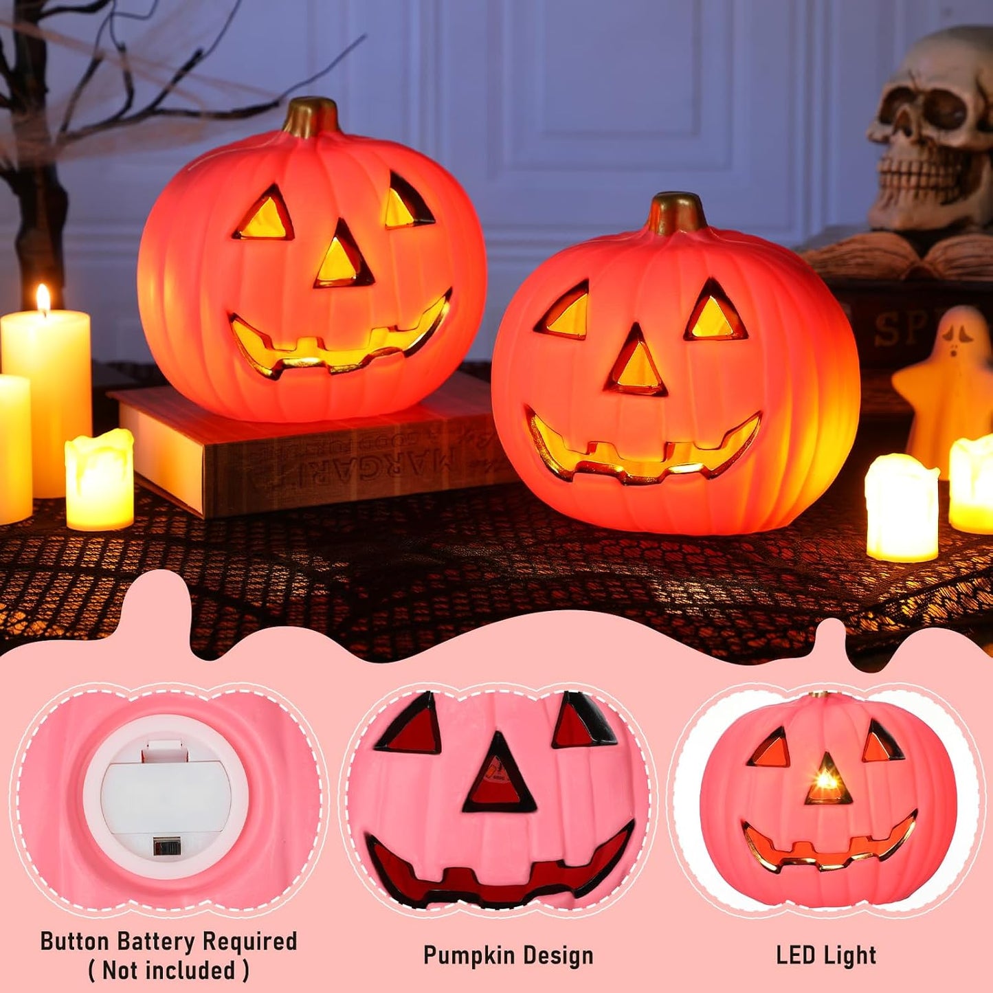 2 Pack Pink Jack O Lantern Pumpkins Light up Battery Operated
