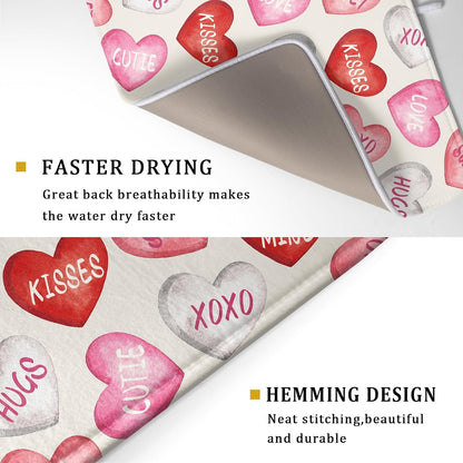 Valentines Dish Drying Mat for Kitchen Counter 18x24 Red Pink Love Heart Valentine's Day Holiday Themed Absorbent Reversible Microfiber Drying Mats Kitchen Countertop Protector Dishes Drainer Pad