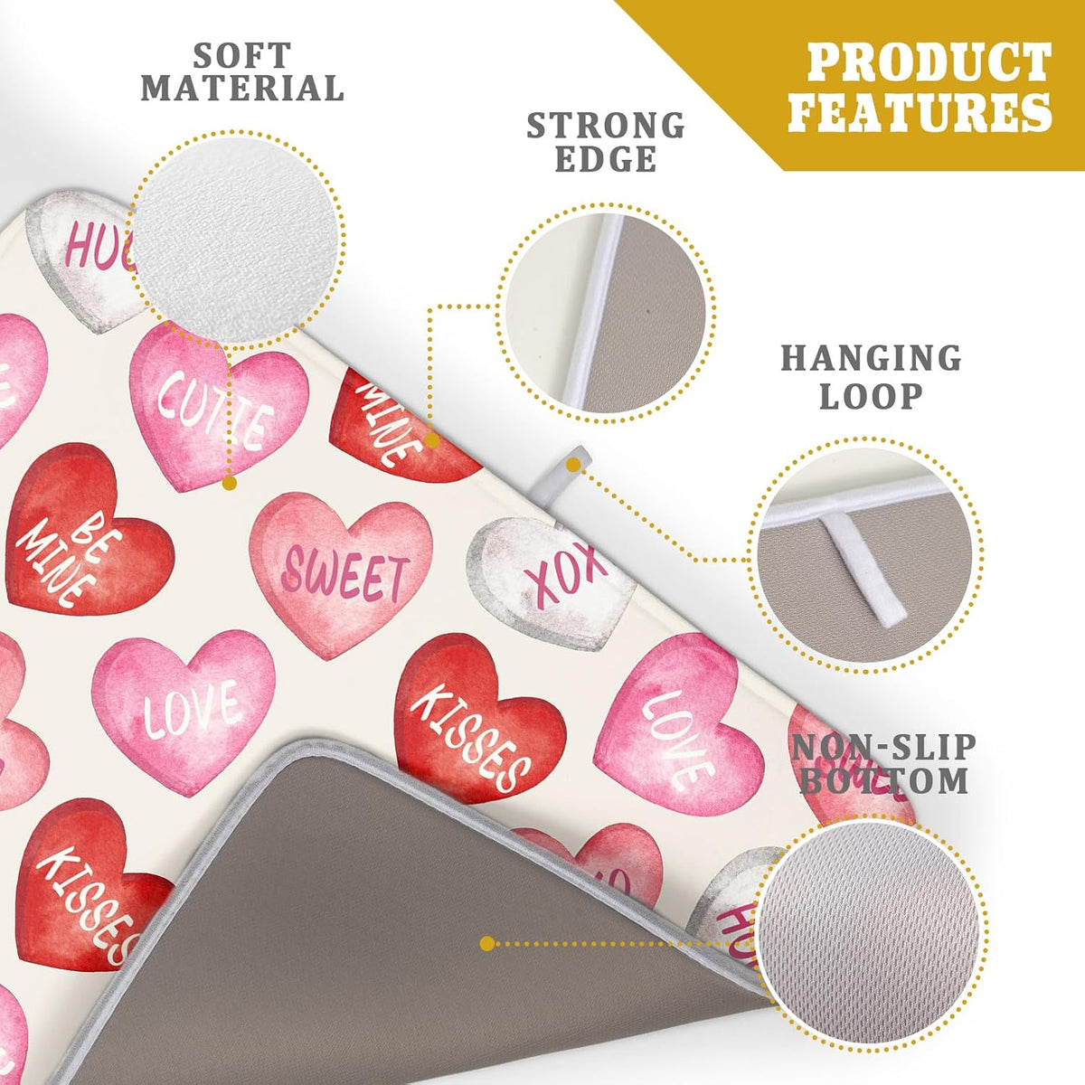 Valentines Dish Drying Mat for Kitchen Counter 18x24 Red Pink Love Heart Valentine's Day Holiday Themed Absorbent Reversible Microfiber Drying Mats Kitchen Countertop Protector Dishes Drainer Pad