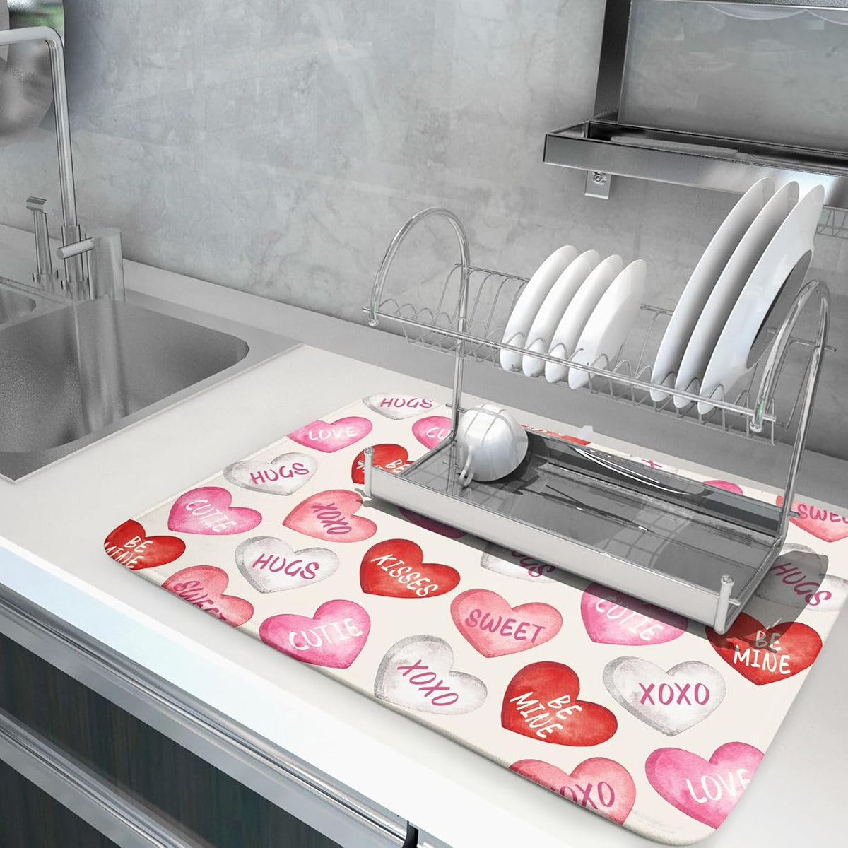 Valentines Dish Drying Mat for Kitchen Counter 18x24 Red Pink Love Heart Valentine's Day Holiday Themed Absorbent Reversible Microfiber Drying Mats Kitchen Countertop Protector Dishes Drainer Pad