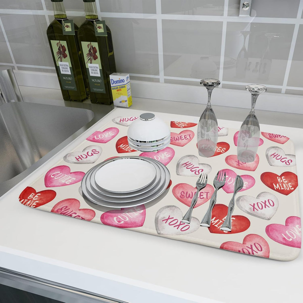 Valentines Dish Drying Mat for Kitchen Counter 18x24 Red Pink Love Heart Valentine's Day Holiday Themed Absorbent Reversible Microfiber Drying Mats Kitchen Countertop Protector Dishes Drainer Pad