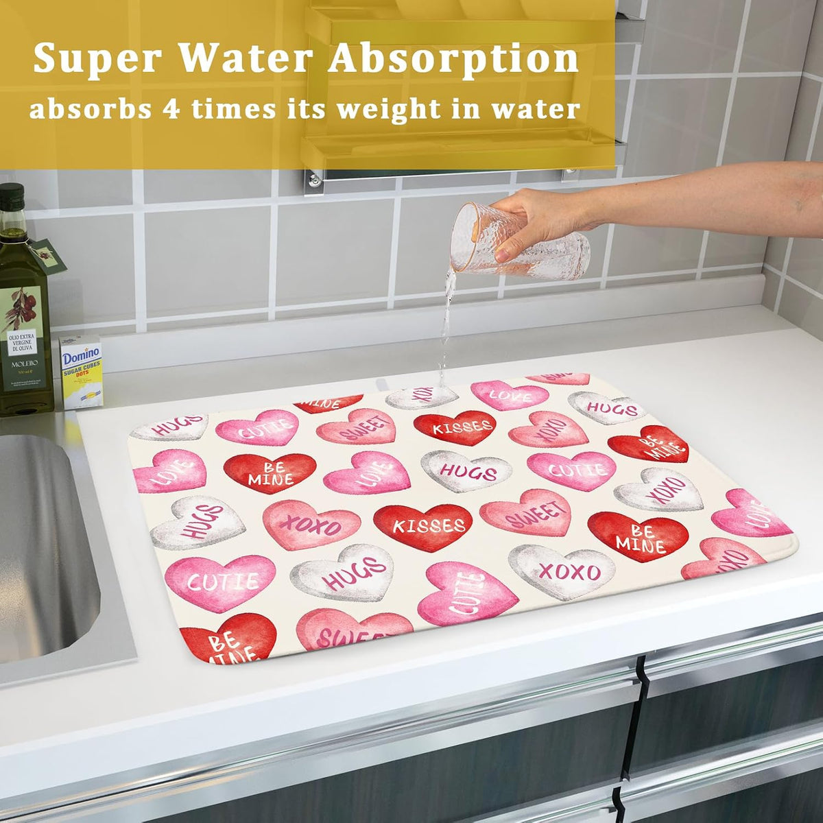 Valentines Dish Drying Mat for Kitchen Counter 18x24 Red Pink Love Heart Valentine's Day Holiday Themed Absorbent Reversible Microfiber Drying Mats Kitchen Countertop Protector Dishes Drainer Pad