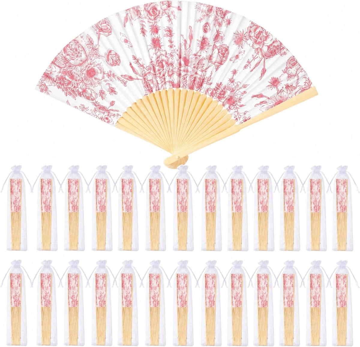 25 Sets Pink Floral Folding Fans, Wedding Favors for Guests