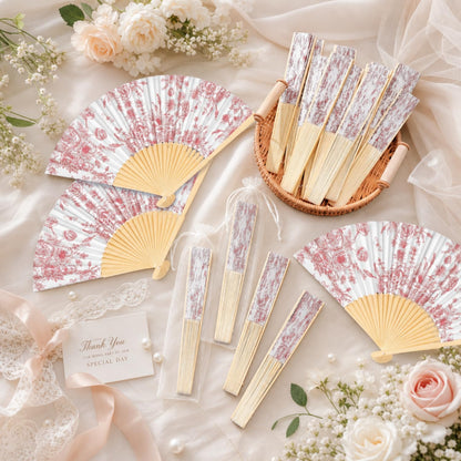 25 Sets Pink Floral Folding Fans, Wedding Favors for Guests