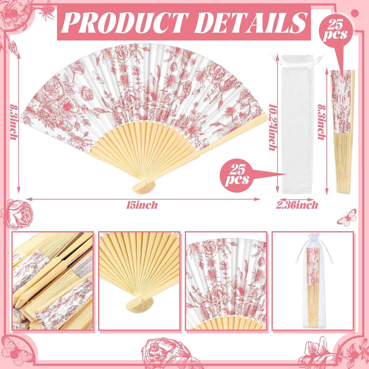 25 Sets Pink Floral Folding Fans, Wedding Favors for Guests
